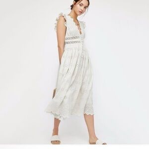 Free People Peach Pie Midi Dress Small White floral lined Ruffle Sleeve Crochet